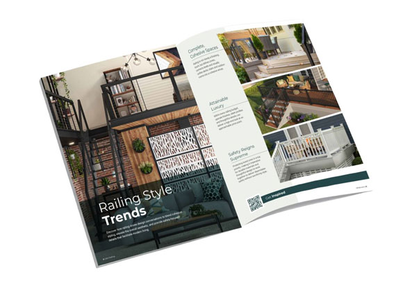 Open magazine displaying "Railing Style Trends." The left page shows a stylish indoor railing; the right features small images of outdoor railings. Modern and elegant.
