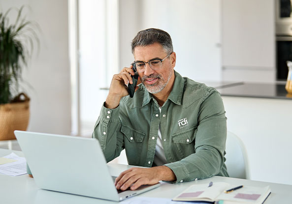 A man with glasses and a beard is working from home, smiling while talking on the phone. He wears a green shirt, sitting at a laptop in a bright kitchen.