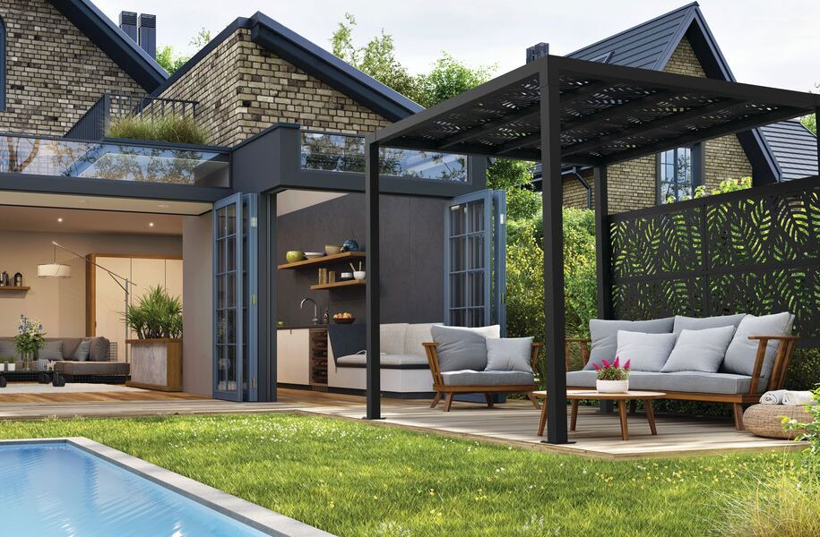 Pergola with Single Wall Add-on with Sanibel Decorative Screen Panels in Black