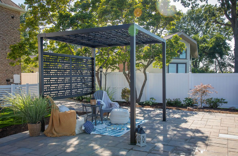 Pergola with Single Wall Add-on with Morse Decorative Screen Panels in Black